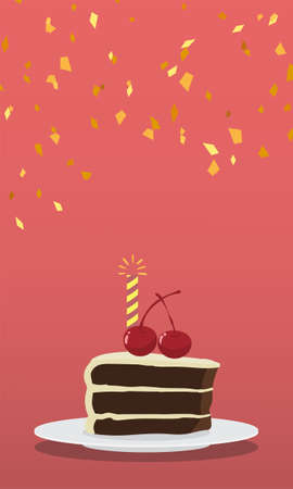 Vector Icon chocolate biscuit cake with cherry on a plate. Image Happy Birthday cake. Cake with striped candles. Birthday celebration on pink background. Light up candle.のイラスト素材