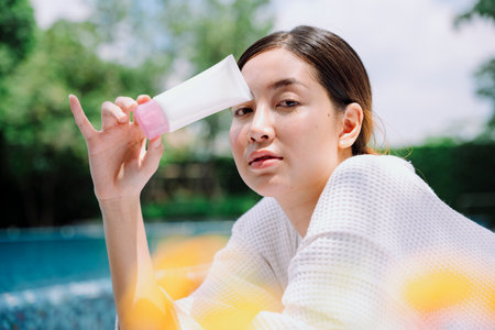 Asian woman in white bathrobe show sunscreen lotion bottle at swimming pool outdoors.の写真素材