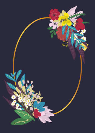 Floral greeting card, invitation, banner. Frame for your text with flowers on dark background. Circle frame.のイラスト素材