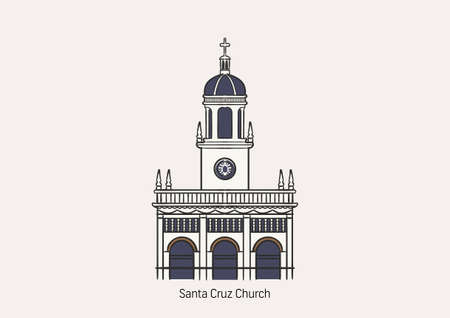 Santa Cruz Church, one of the most beautiful Roman Catholic church in Bangkok, Thailand on white background with name to be the primary of graphic design.のイラスト素材