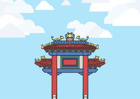 Landscape graphic image of Royal Jubilee Gate at the Odeon Roundabout in Banfkok, Thailand, with blue sky and white cloud.のイラスト素材