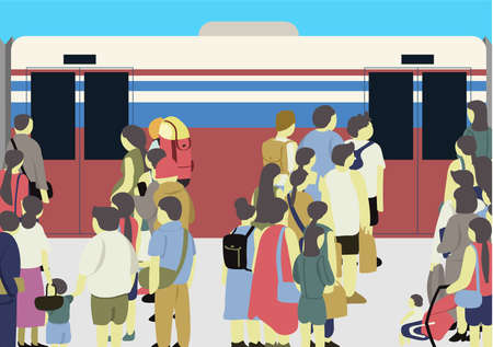 Artwork of many people standing at the train station waiting for skytrain, this is the city life.のイラスト素材
