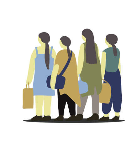 Artwork of four girls friend standing together waiting for travel.のイラスト素材