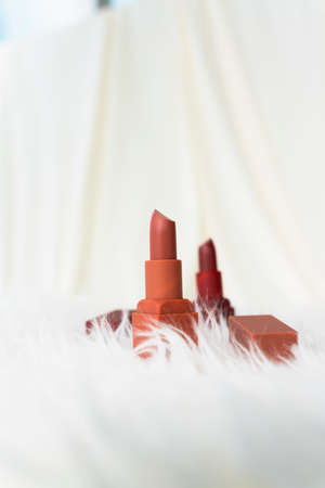 Cosmetic branding with lipstick collection on white fur background. Mock up.の写真素材