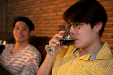 Couple of asian LGBTQ+ men enjoy drinking wine and watching TV together at home.の写真素材