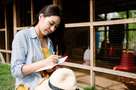 Asian farmer woman checking chicken in domestic coop.