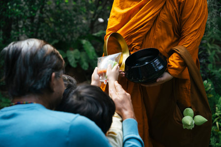 Monk received alms offering from people on the street in the morning.