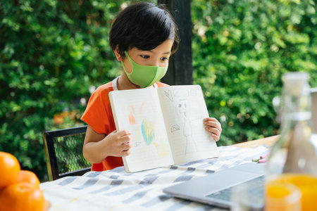 Asian kid wear mask show drawing art work in a book to teacher on laptop. Study from home.