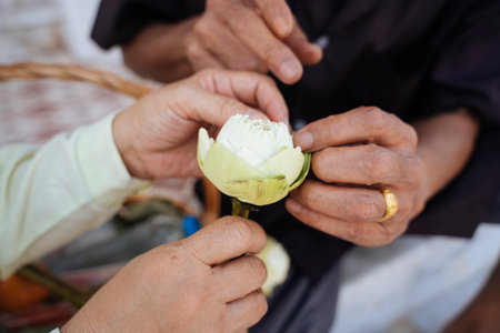 Close up of asian senior elderly old couple holding lotus to make merit in temple.