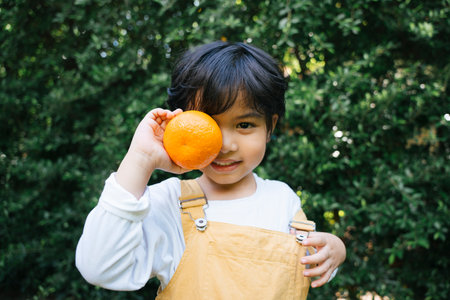 Portrait of black hair asian kid holding orange fruit at yard.の写真素材