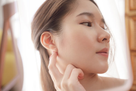 Side view - Young asian beauty woman model showing left ear for mock up earrings.の写真素材