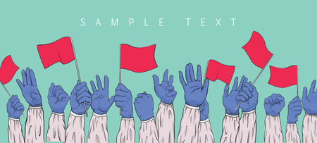 Many hands of staff in protective suit and gloves wave the national flags to encourage people to get...