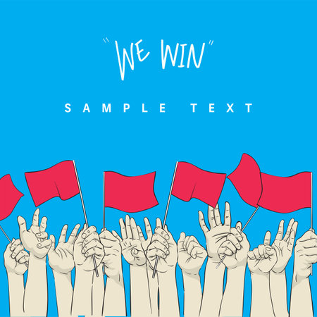 Bare hands of people wave the flags after Covid-19 is defeated by worldwide cooperation.のイラスト素材