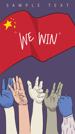 Hands of staff in protective suit and people, with gloves and without gloves, raise up under Chinese flag after they can control the disease outbreaks.のイラスト素材