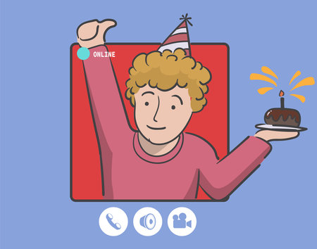 Computer screen while a man hold the cake and make a birthday party for his friend through the internet and chatting program.のイラスト素材