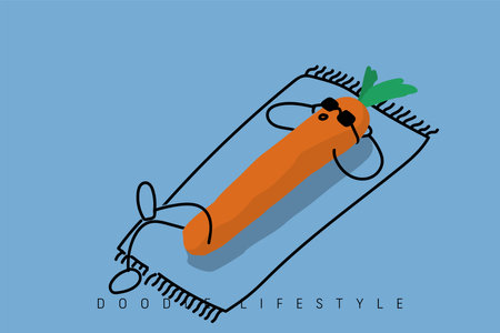 Carrot lie down on the mat wearing sunglasses on holiday in summer, orange background.のイラスト素材