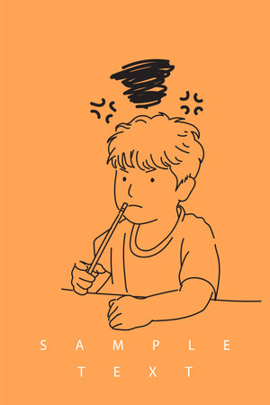 Little boy in purple t-shirt sitting at the table with his mom, he draw the picture on the paper with pencil and thinking about the next pictures.のイラスト素材
