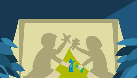 Brother and sister play the toys together in the bedsheet tent before bedtime at night.