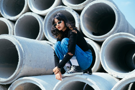 Black hair girl in sweater and jeans wearing sunglasses sitting on big concrete tube with knees up and hug her knees.の写真素材