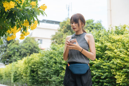 Healthy asian thai woman jogging at park alone, listen to music from smartphone with earphones.
