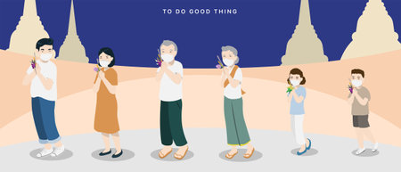 In Buddhist Holy Day, people will go to the temple with candle and flower, they will walk around the temple for 3 rounds and pay the respect to Buddha. But in covid-19 situation, people have to keep walking in social distancing measure.のイラスト素材