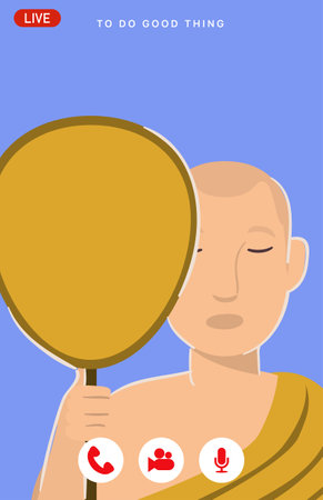 The monk chanting through the live streaming on the mobile application, the temple arrange the activity in covid-19 situation and adapt to new normal.のイラスト素材