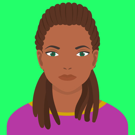 African lady standing alond in front of green background.