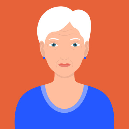 Old woman with white hair standing alone in frint of the orange background.のイラスト素材