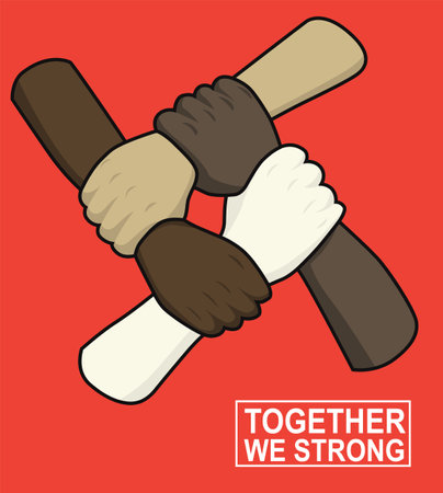 Hands of human in many skin colors hold each other for peace and harmony, to fight with the wrong things together.のイラスト素材