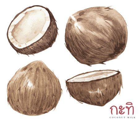 Water color drawing of raw coconut in the coconut shell, the collection of Tom Yum Kung, the signature food of Thailand, with their ingredient.のイラスト素材