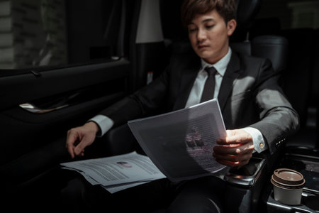 Asian businessman on black suit reading paper report inside the car.の写真素材