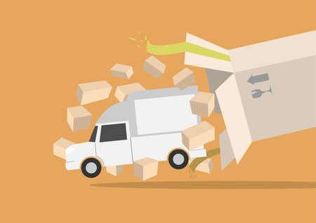The white truck drive through the box and heading to the receiverâs house to send them the parcels.のイラスト素材