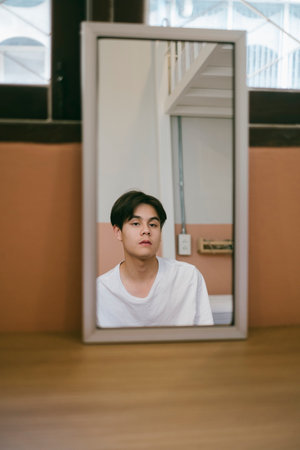 Square mirror on the table and the reflection of black hair guy at the window.の写真素材