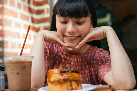 Beautiful asian thai long dark hair woman at bakery cafe shop with bread cake and ice coffee. Excited and amazed expression.の写真素材