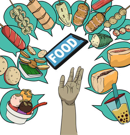 Hand of human try to grab the smartphone to surf in social media and talk about local Thai snack and dessert on Thai walking street.のイラスト素材