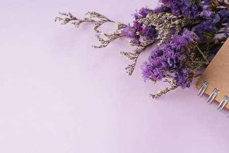 Bundle of violet lavender flowers isolated on pink pastel colored background. Copy space.の写真素材