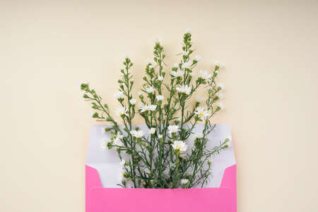 White gypsophila flower bouquet in pink letter enclosed. Copy space. a bunch of baby breath flowers.の写真素材