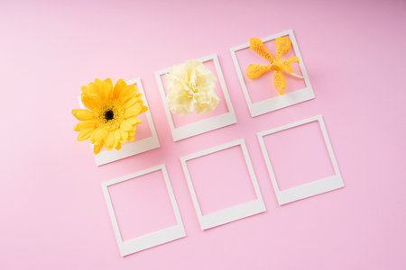 White mock up frame with varieties of flower over pink background. Top view.の写真素材