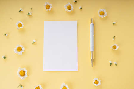 Mock up - White paper with golden pen and flower. Wedding concept.の写真素材