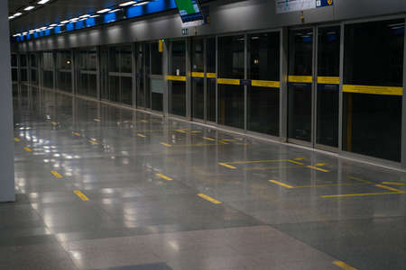 COVID-19.Social distancing inside a MRT subway train. Infection control.