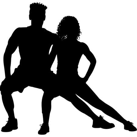 African American Fit Couple Exercising Silhouette Vectorのイラスト素材