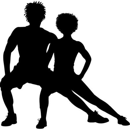 African American Fit Couple Exercising Silhouette Vectorのイラスト素材