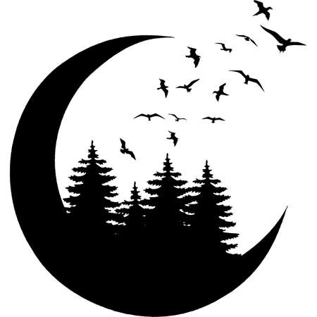 Hand drawn travel badge with crescent and fir trees vector illustrations.のイラスト素材