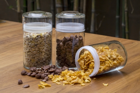 Cereals, bowl of sugar-coated corn flakesの写真素材