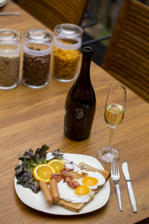 Breakfast with bacon, fried eggの写真素材