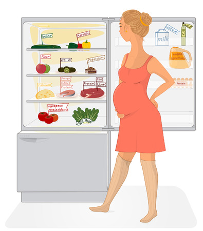 Pregnant woman looks into the fridge, full of healthy products のイラスト素材