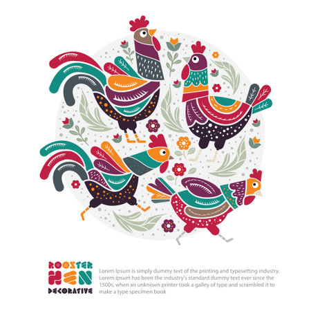 Vector illustration with rooster and chicken on a white background. Cute vector illustration.のイラスト素材
