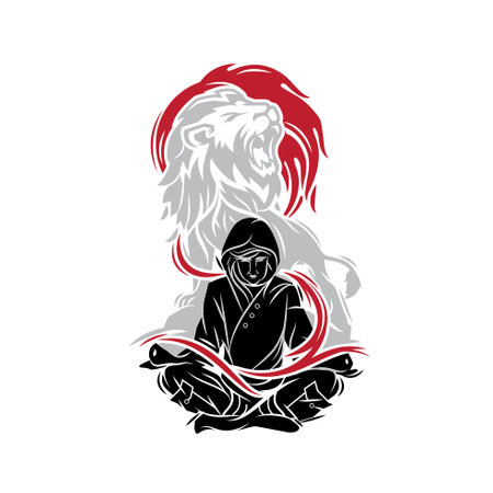 A man wearing hoodie with lion as background silhouette logo illustration.のイラスト素材