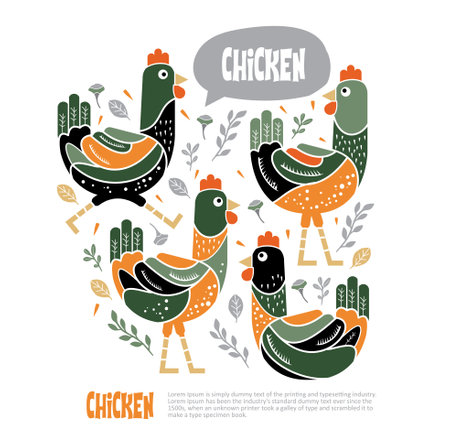 Hens and rooster animal decorative vector illustration.のイラスト素材