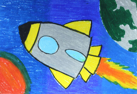 rocket ship in the sky paintingの写真素材
